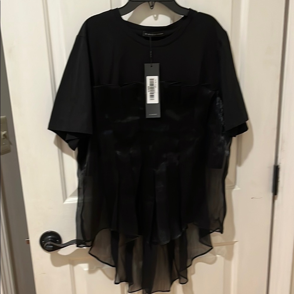 Black Asymmetrical Sheer Blouse with Short Sleeves